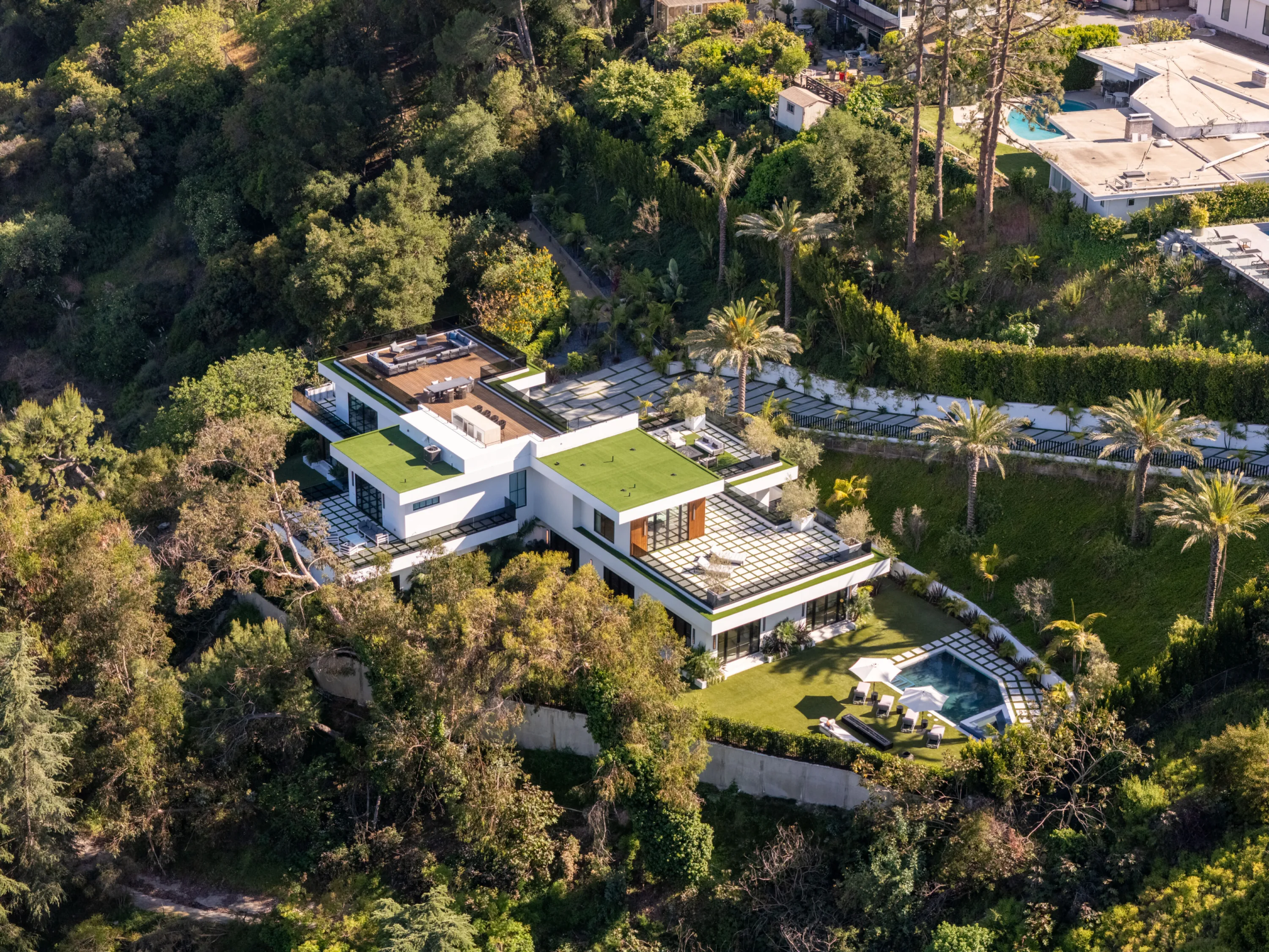 Overhead shot showing rooftop lounge deck, green roofs and the pool and spa on the lawn below