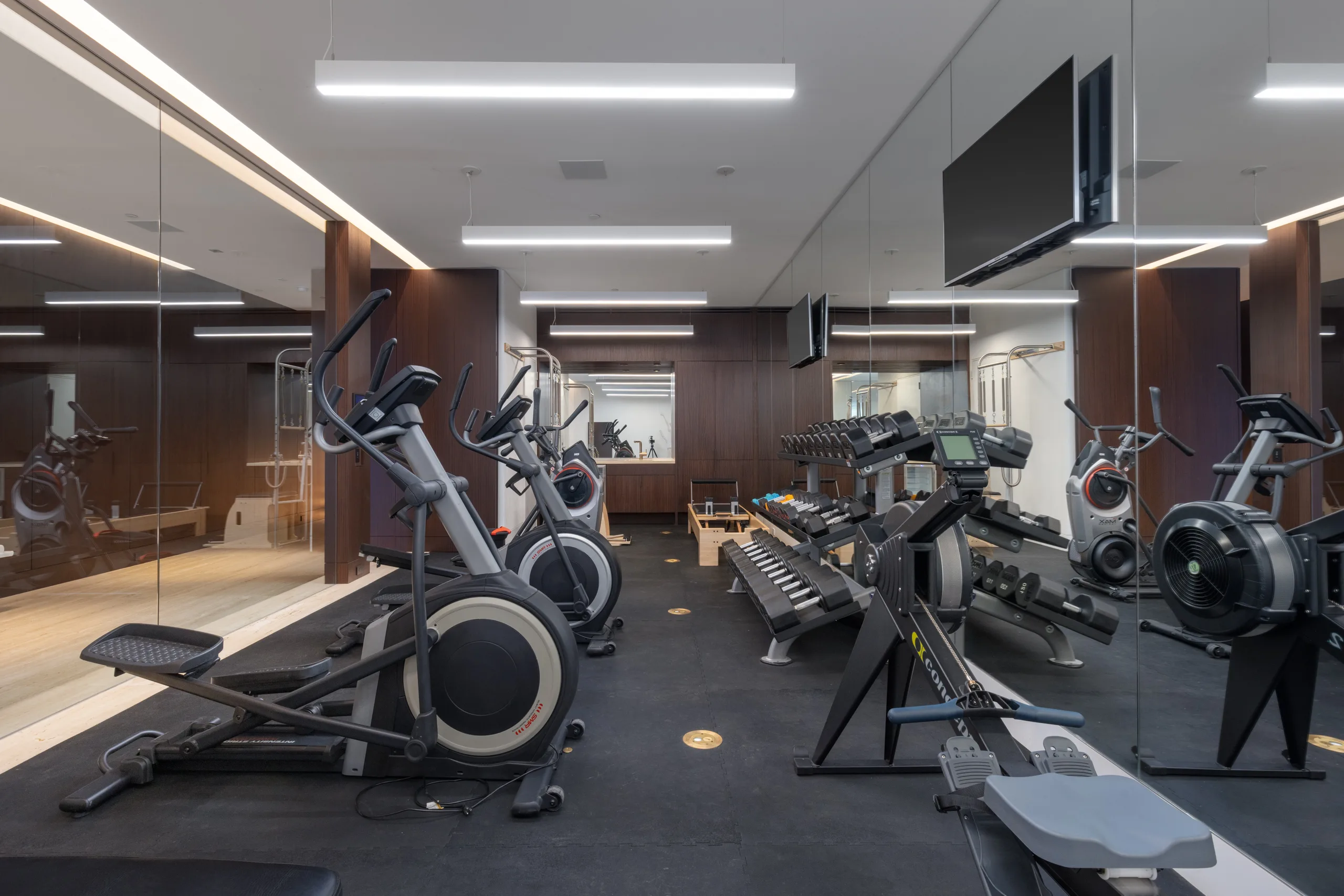 Mirrored home gym with ellipticals, rower, dumbbell rack and wall-mounted screen