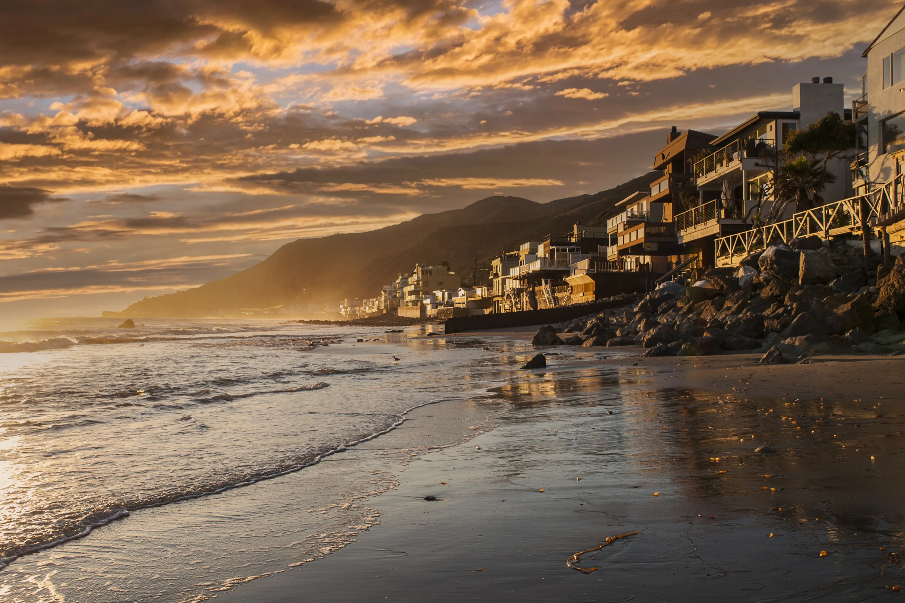 Sunset view of Topanga beach in scenic Malibu, California.
