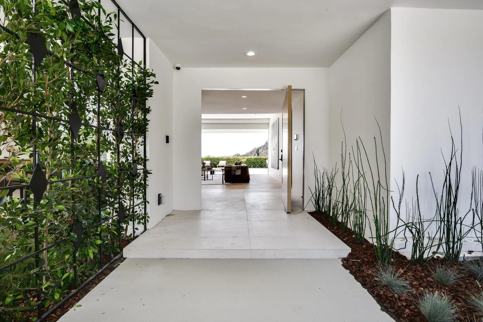Approach to the pivot front door, trellised greenery on one side, sightline straight through to the canyon view