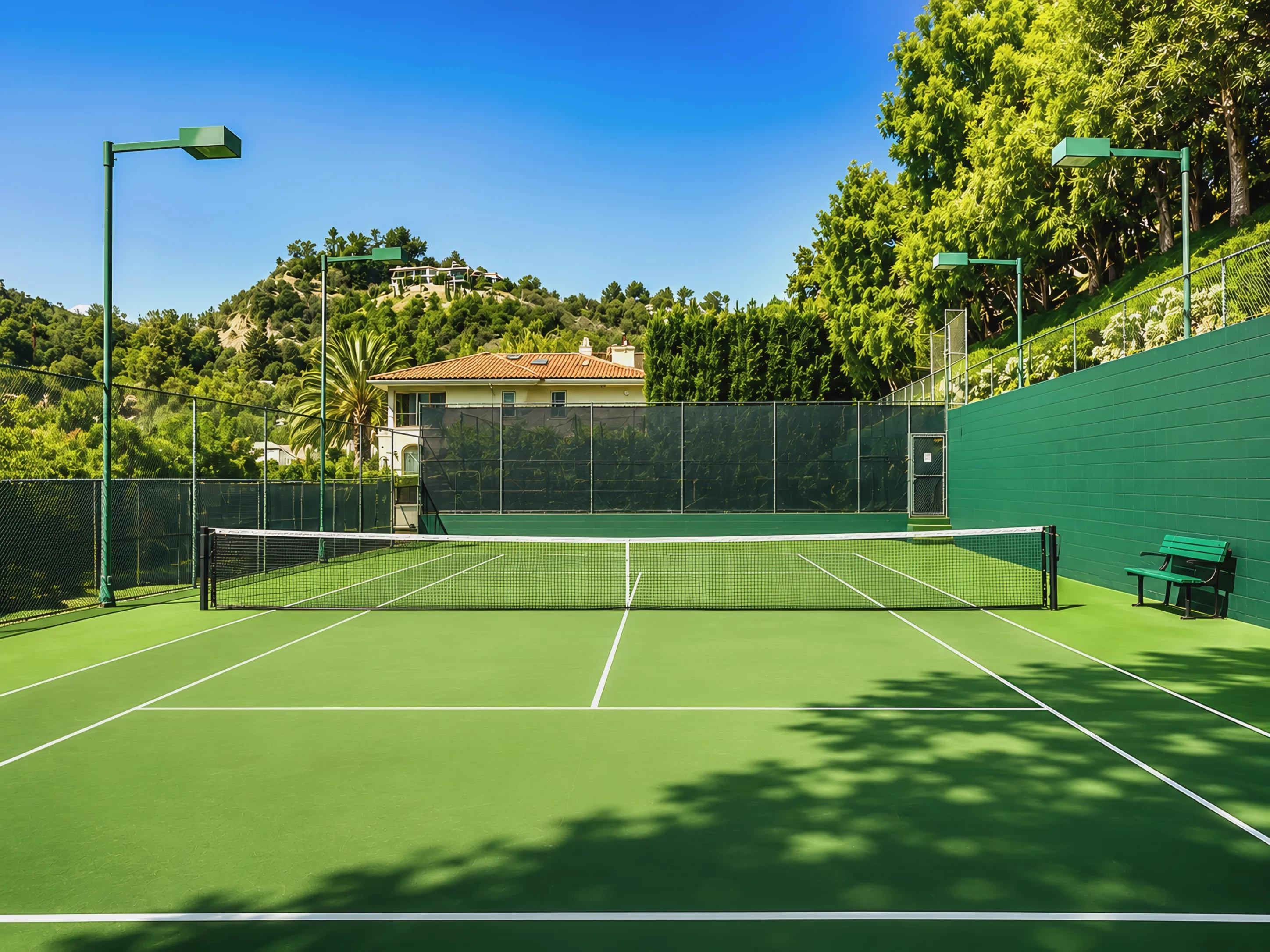 Private tennis court backed by hedges and chaparral hillside under clear blue sky