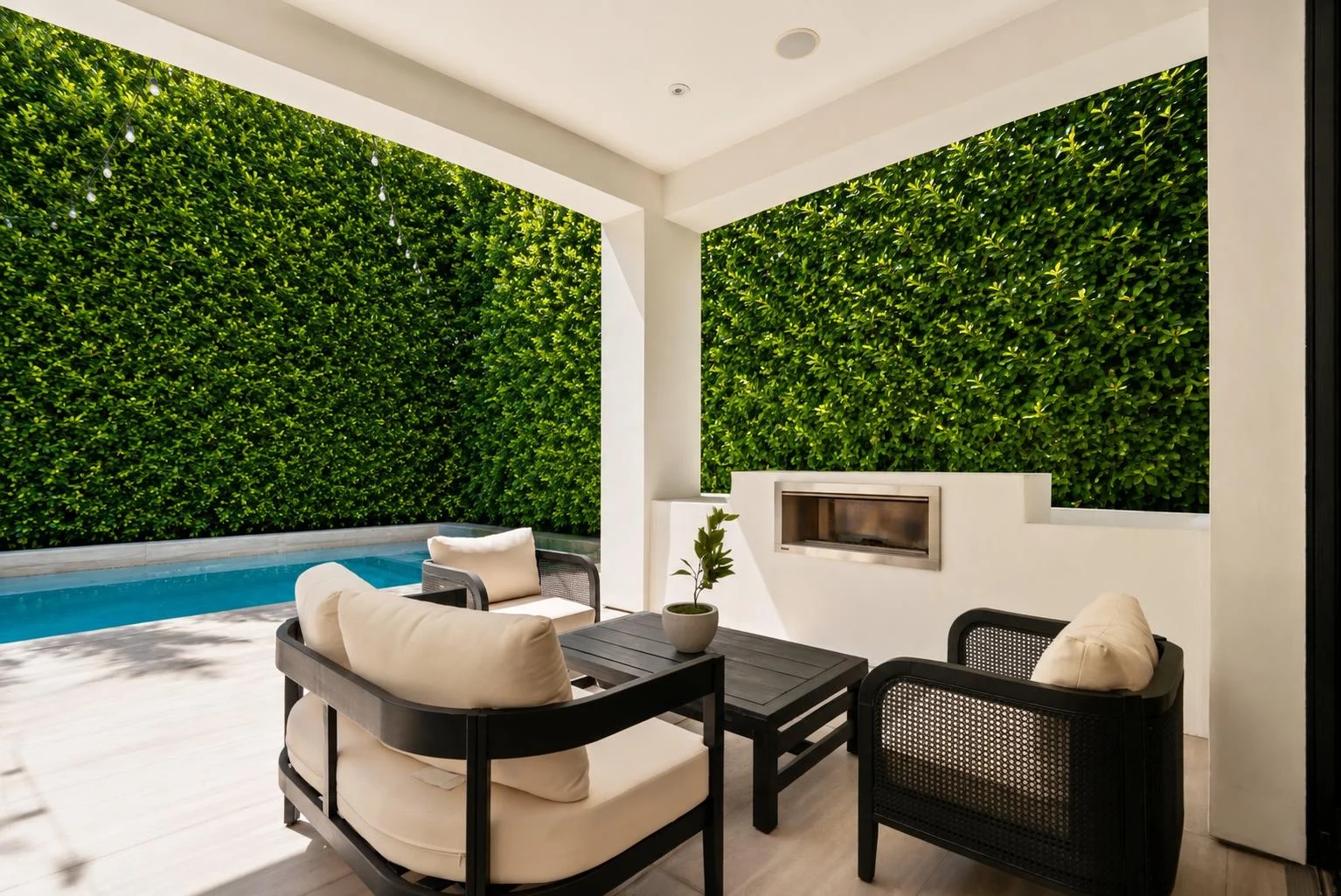 Covered poolside lounge with cane armchairs and an outdoor fireplace against a tall ficus hedge