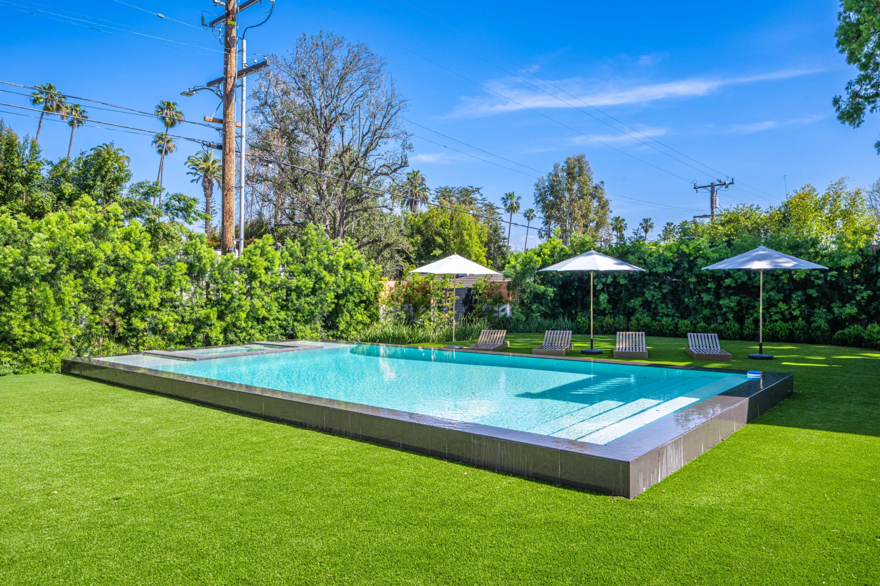 Rectangular pool edged in lawn, with parasols, loungers and a tall hedge screening the Beverly Hills garden