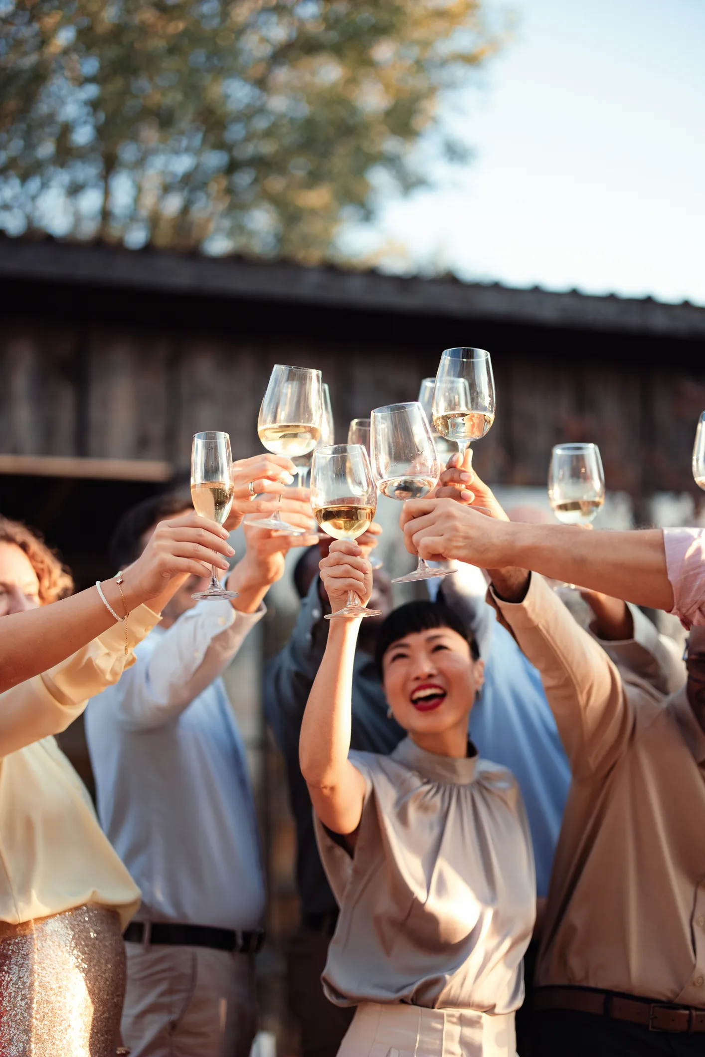 Friends Toasting Wine Outdoors at Casual Corporate Event Celebration With Smiling Group