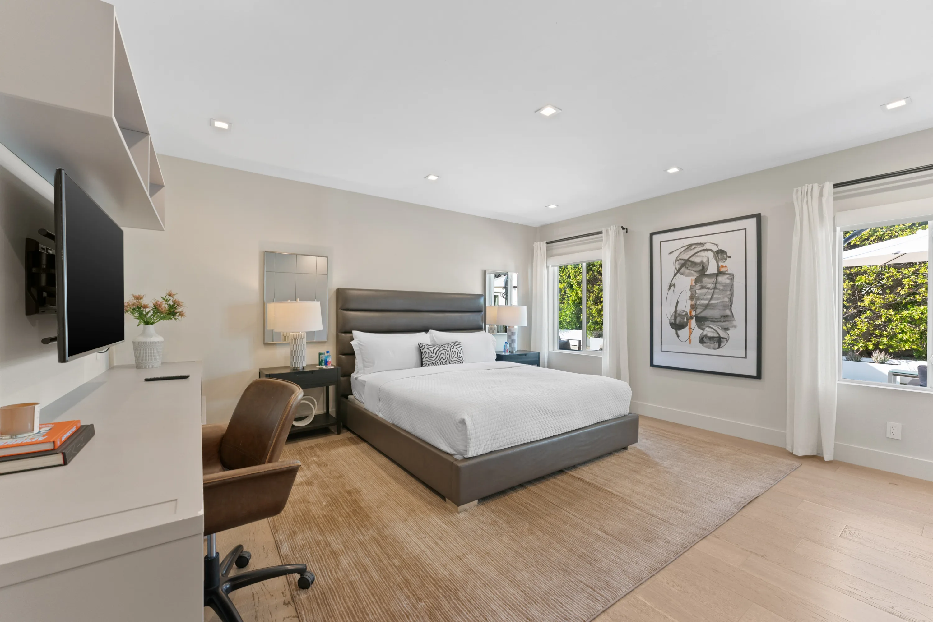 Elegant guest bedroom at Rodeo Villa, a luxury Beverly Hills vacation rental offering a comfortable, private retreat with refined contemporary interiors.