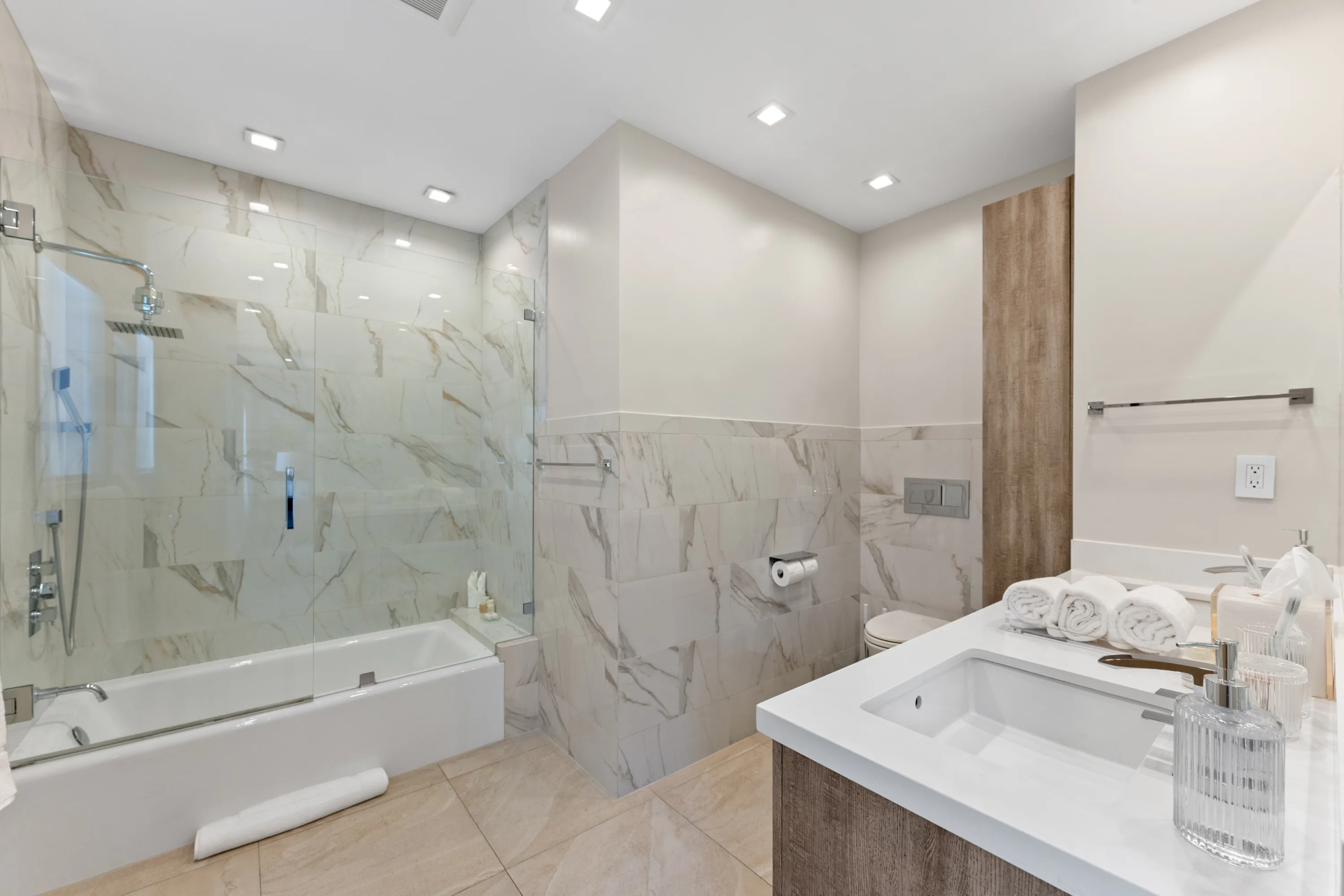 Elegant guest bathroom at Rodeo Villa, a luxury Beverly Hills vacation rental featuring modern finishes, refined design, and a spa-inspired atmosphere.