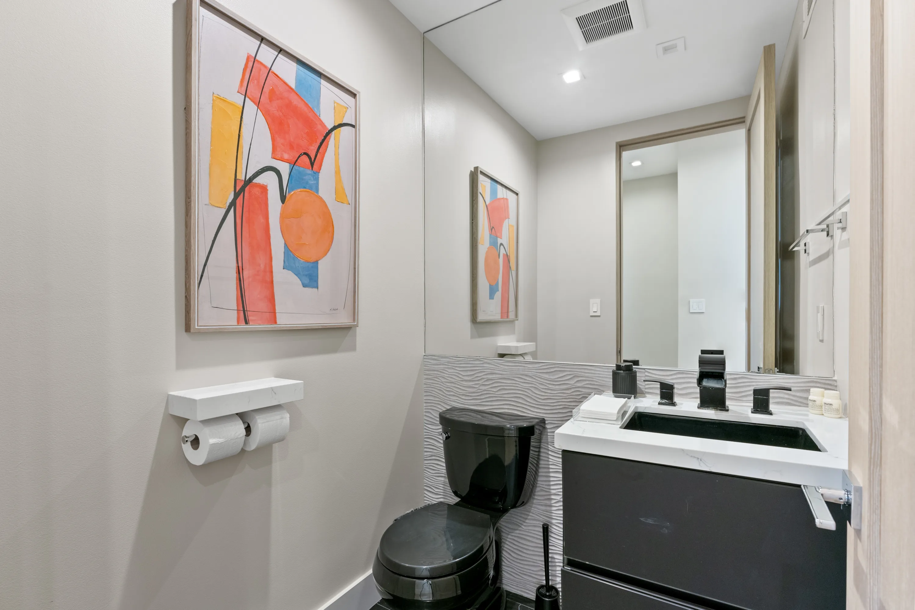Elegant guest bathroom at Rodeo Villa, a luxury Beverly Hills vacation rental featuring modern finishes, refined design, and a spa-inspired atmosphere.