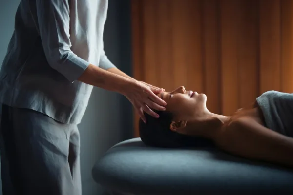 Therapist giving a head massage to a client lying on a treatment table, eyes closed, in a softly lit spa room.